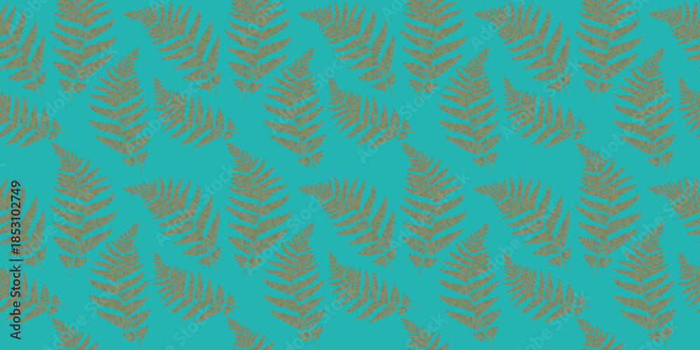 Fototapeta premium Geometric green and blue botanical stamped horizontal pattern. Flat stamps of plant silhouettes in a botanical style for textiles, fabric, wallpaper, and wrapping paper.