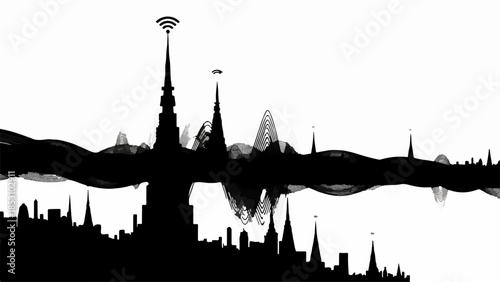 Futuristic city skyline silhouette with glowing sound waves and Wi-Fi signal