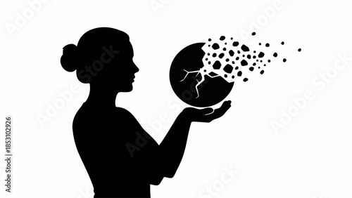 Silhouette of a woman holding a sphere that is breaking apart into small particles, symbolizing loss or disintegration.