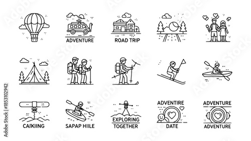 Vector adventure icons showcase outdoor activities in simple line style or Couple hiking adventure outdoors promotes healthy romantic lifestyle