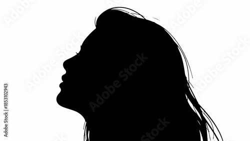 Thoughtful woman's silhouette looking up with long flowing hair against a white background