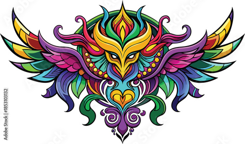 Vibrant colorful illustration of a mythical bird like creature with intricate feather patterns
