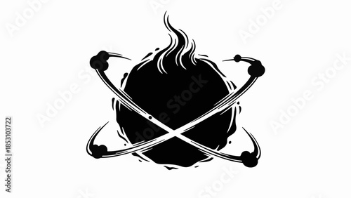 Mysterious dark energy orb with fiery aura and crossed sabers