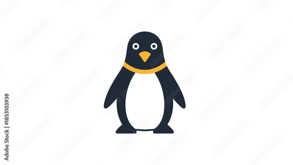 Fototapeta premium Cute cartoon penguin with yellow scarf and orange beak standing alone, Generative AI.