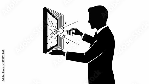 Frustrated businessman smashes computer screen with remote control in anger.