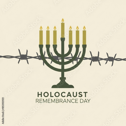 Menorah with lit candles behind barbed wire symbolizing Holocaust Remembrance Day a somber graphic for memorial events and education