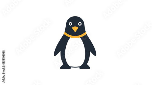 Cute cartoon penguin with yellow scarf and orange beak standing alone, Generative AI.