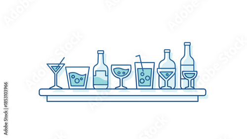 Variety of colorful cocktails on a bar with bottles and glasses, Generative AI.