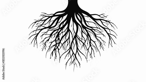 Intricate network of tree roots spreading outwards against a clean white background.