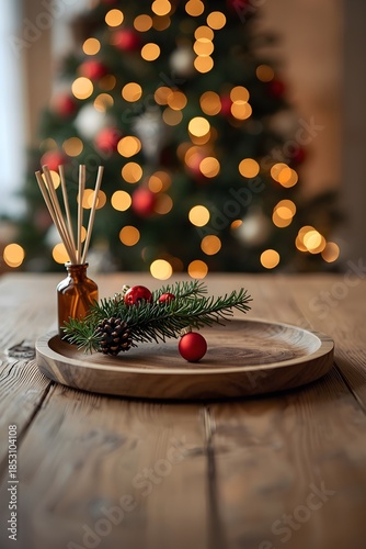 Cozy Christmas home interior with pinecone and reed diffuser on wooden tray at counter table, blurred festive Christmas tree with lights in background. Warm holiday decor
