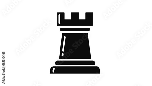 Solid black rook chess piece on white background, Generative AI.