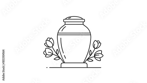 Simple line drawing of urn with flowers for memorial or funeral, Generative AI.