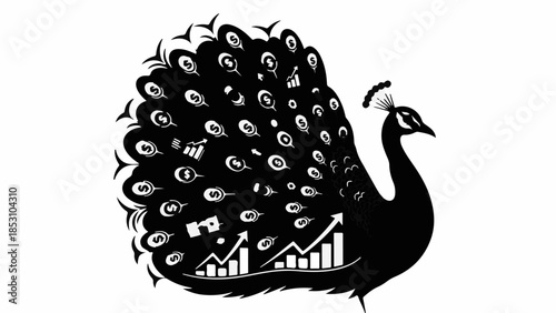Peacock with business growth icons in its display, symbolizing financial success and prosperity.