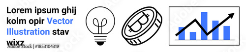 Cryptocurrency trends, blockchain innovation, financial analytics, investment insights, digital economy, fintech solutions. Bitcoin coin, bar chart and light bulb grouped visually. Cryptocurrency