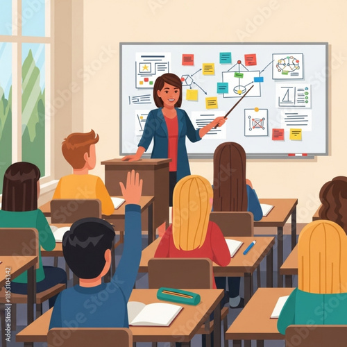 Teacher instructing students in a classroom with a mind map on the whiteboard education concept for learning and development