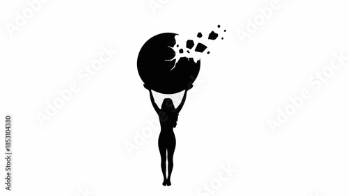 Silhouette of a person holding a crumbling sphere, symbolizing fragility and change.