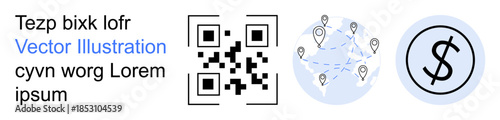 Business technology, global commerce, e-payments, navigation tools, modern data sharing, transaction security. A QR code alongside a world map with location pins and a dollar symbol. Business