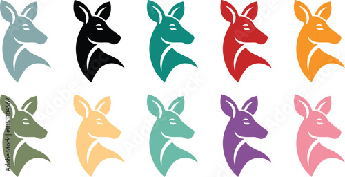 Colorful kangaroo head silhouettes wildlife, Marsupial icon collection multicolor