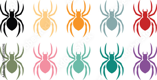 Colorful spider icons on white background, Arachnid silhouette icons in multiple colors