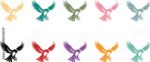 Colorful eagle hawk silhouettes in flight, Bird of prey silhouettes multicolor set