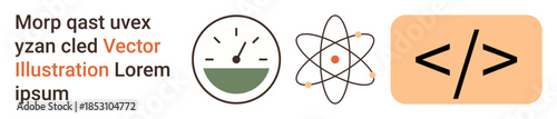 Science education, software development, coding, technology tools, STEM concepts, digital learning. Clock, atom and code symbols on a clean background. Science education and software development