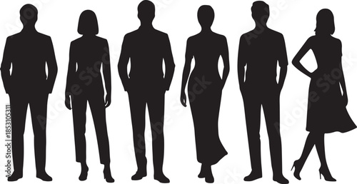 A group of six people depicted as black silhouettes standing in a line