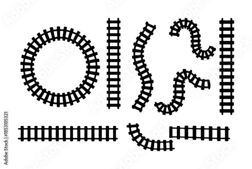 Train track layout clipart, black rail segment icons for model design and simulation