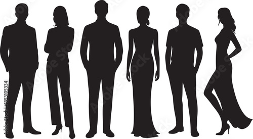 Silhouettes of six people representing a diverse group in formal attire