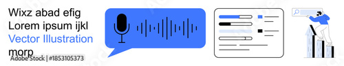 Voice recognition, data management, search tools, analytics, audio processing, technology. Microphone icon, soundwave search bars analytics chart person using search tool. Voice recognition