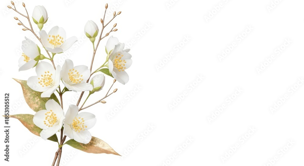 Fototapeta premium Beautiful white flowers with green leaves on white background
