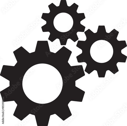 Black gears interlocking and arranged in a simple minimalist configuration