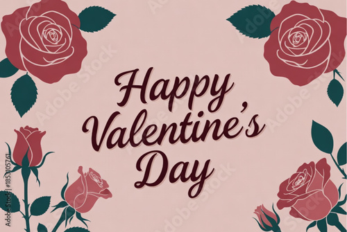 A romantic floral Valentine's Day greeting design. Roses surround Valentine's Day message, celebrating love and affection.