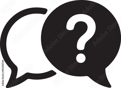A black and white illustration of a speech bubble with a question mark
