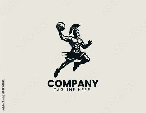 Warrior basketball character is depicted as a powerful sports emblem in a bold black vector logo illustration
