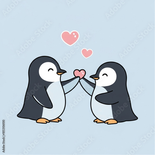 Two endearing penguins share a moment of affection, holding a pink heart aloft amidst a serene, pastel backdrop, celebrating love and connection.