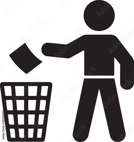 A person discarding paper into a wastebasket a simple icon illustration