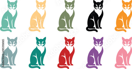 Sitting cats in various colors feline animals, Colorful cat silhouettes sitting collection