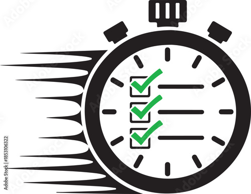 Fast completion of tasks a stopwatch with checkmarks indicating progress