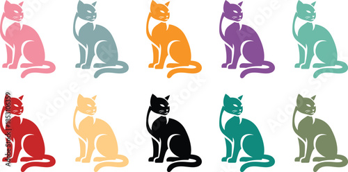 Sitting cats in various colors feline animals, Colorful cat silhouettes sitting collection