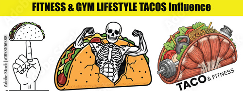 Skeleton in Taco Finger Balancing Taco and Muscular Taco Keywords: taco, fitness, gym, muscle