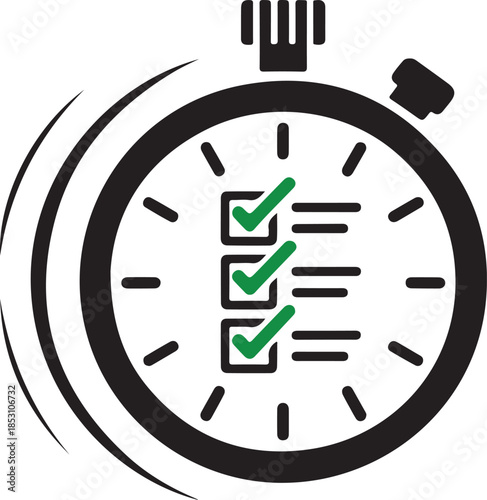 Time management concept with a stopwatch and completed checklist icons