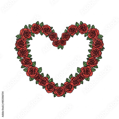 A vibrant heart-shaped wreath composed of lush, red roses and delicate green leaves, symbolizing love and affection. 