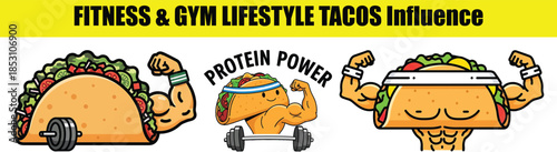 Three cartoon tacos with muscular arms lifting weights and flexing Fitness Tacos