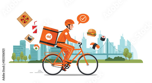  adobe illustrater artwork cartoon character on bicycle, wearing helmet, surrounded by social media icons, city skyline in background, flat colorful illustration, digital art
