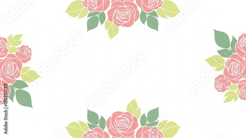 Delicate blossoms of soft pink roses and verdant leaves create an elegant, minimalistic design, framing an open space perfect for adding custom text or design elements.