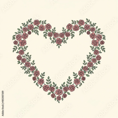 A delicate heart-shaped floral wreath composed of vibrant red roses and lush green leaves, evokes feelings of love and affection. 