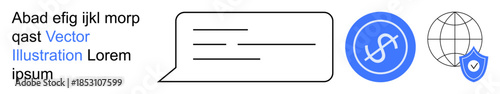 Communication, finance, digital security, online transactions, global economy, internet services. Speech bubble, dollar symbol shield with globe. Communication and finance concept
