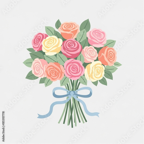 A vibrant bouquet of multicolored roses tied with a delicate blue ribbon, a charming illustration perfect for conveying sentiments of love, appreciation, or celebration.