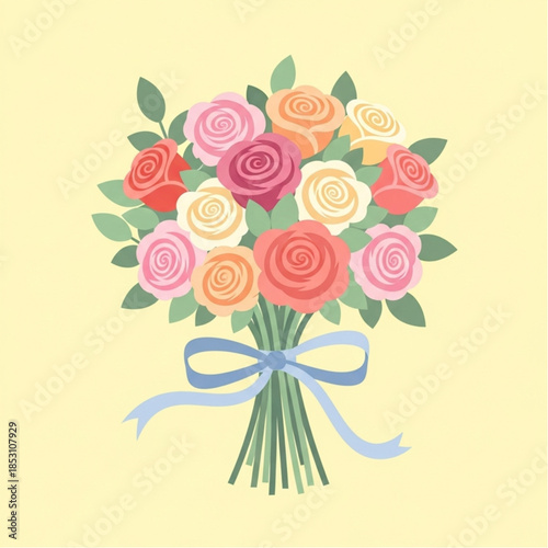 A vibrant bouquet of roses bursts with color and life, perfect for conveying emotions of love, joy, or celebration. The cheerful arrangement, complete with lush leaves and a delicate ribbon.