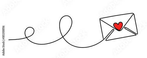 Continuous one line drawing of envelope with heart. Template for love cards and invitations. Love letter. Vector illustration. Editable stroke